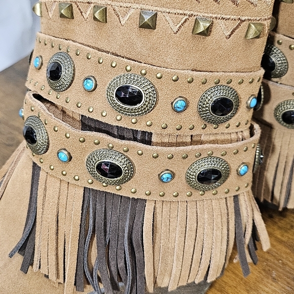 Sbicca Verse 100% Suede Leather Upper Fringe Embellished Boots Brown Size 8 - Picture 6 of 8